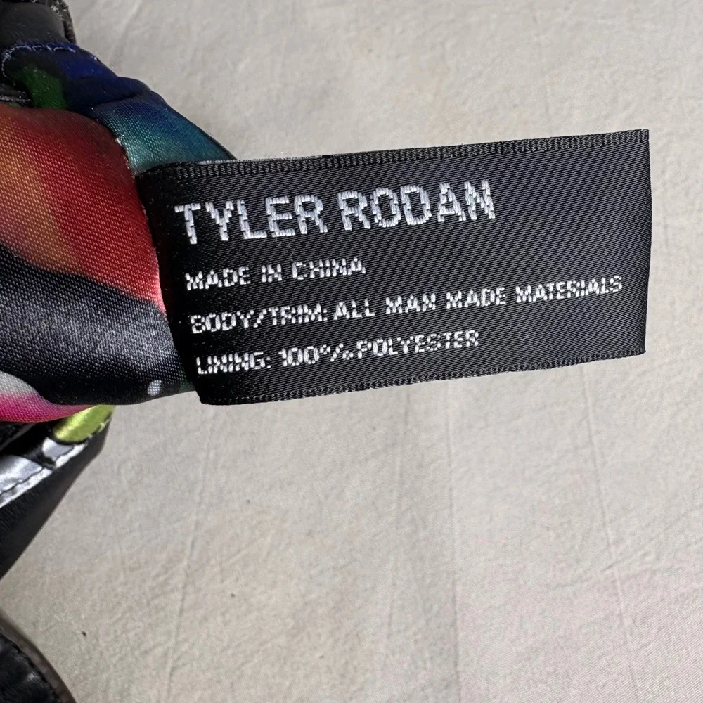 Tyler Rodan Black Faux Leather Tote Bag Floral Lining Multi Pocket Laptop Bag